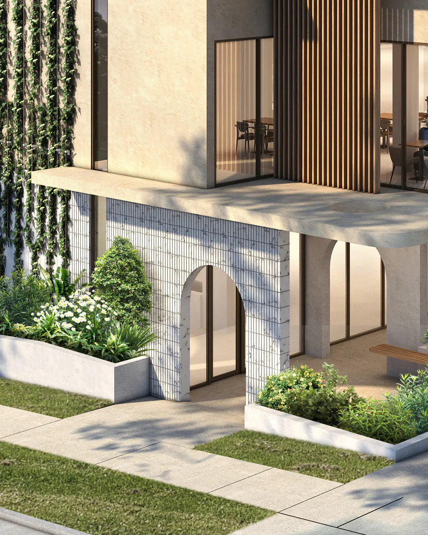 Detail of the artist impression: arched openings in a pale stone-look wall at street level, with garden beds