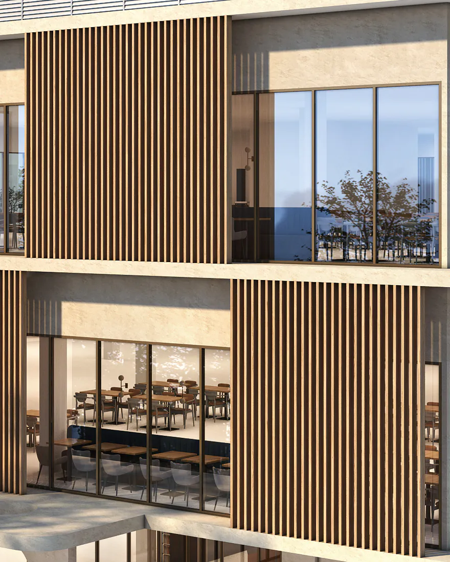 Detail of the artist impression: vertical timber battens beside floor-to-ceiling windows on the upper levels