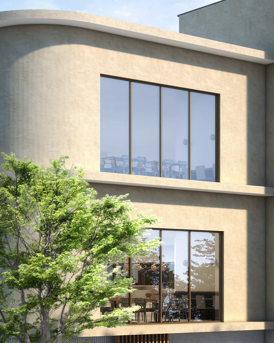 Detail of the artist impression: large windows set into the building's curved corner, with a street tree in front