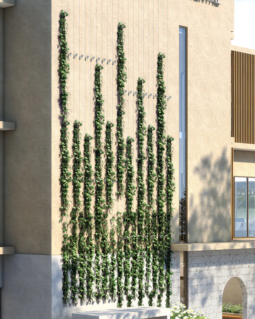 Detail of the artist impression: climbing vines on cables running up the sandstone-toned entry tower