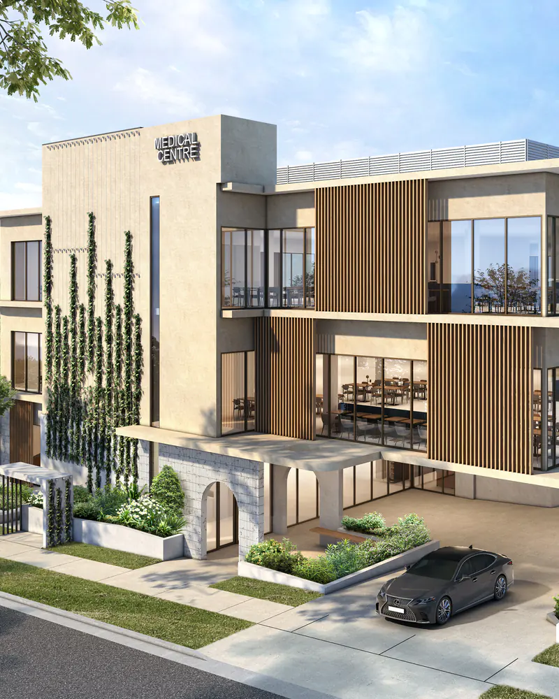 Artist impression of the building from the street: sandstone-toned walls, vertical timber battens, a climbing-vine wall and large windows on the upper floors