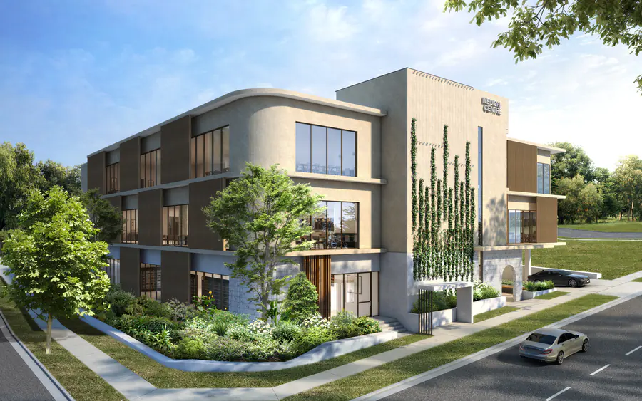 Artist impression of the building's curved corner, with timber battens between the windows, a climbing-vine wall and garden beds along the footpath